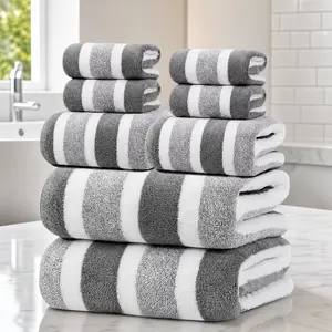 8-Piece Microfiber Towel Set, Gray/White Stripes Bathroom Towel Sets, Soft Absorbent Towels, 2 Bath Towels (70x140cm) + 2 Hand Towels + 4 Washcloths