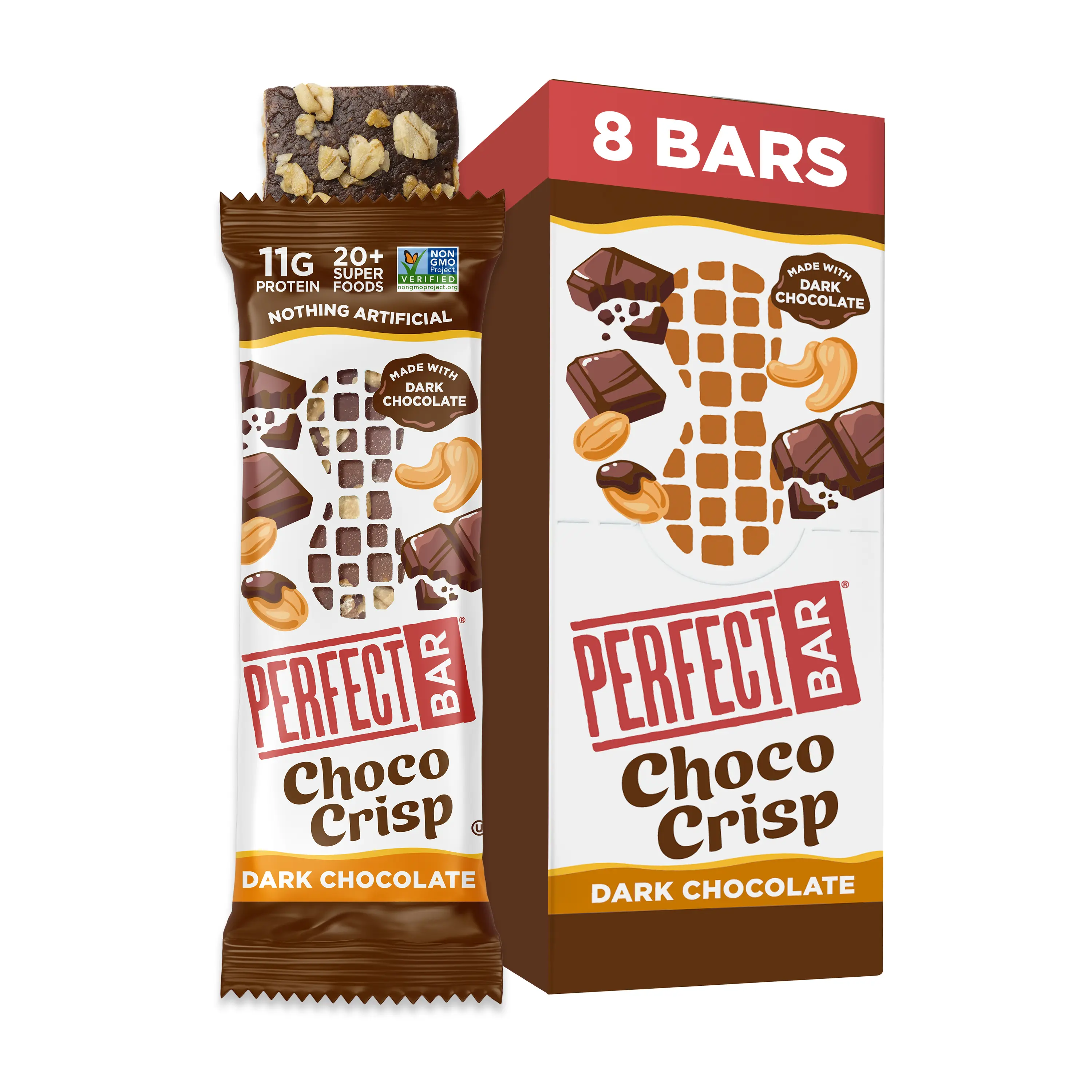 Perfect Bar Choco Crisp, Dark Chocolate - Protein - Gluten Free - Non-GMO - Organic Honey, No Sugar Alcohols,  1.94 Ounce Bar, 8 count