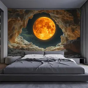1 Extra Large Abstract Cave Moon Landscape Tapestry - Horizontal Indoor Wall Decor Suitable for Living Room, Bedroom & Home Office Décor – No Installation Needed Smooth Textured Fabric with a Lunar Theme, Moon Tapestry, Room Decoration, Highquality Print,