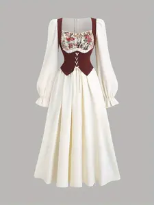 Women's Vintage Waist Cinched Long Sleeve Fitted Dress, Womenswear, Fall Fashion, Victorian Style, Elegant and Versatile, Perfect for Vacation