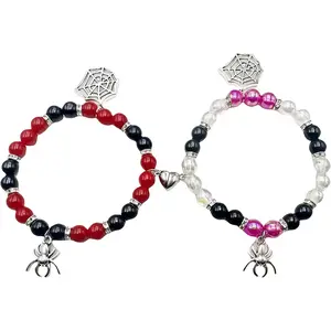 2-Pack Spider Friendship Bracelets for Couples, Halloween Jewelry Gift - Stretchable Adjustable Crystal Bead Bracelet with Heart Charm, Love Promise Bracelet for Him Her Best Friend
