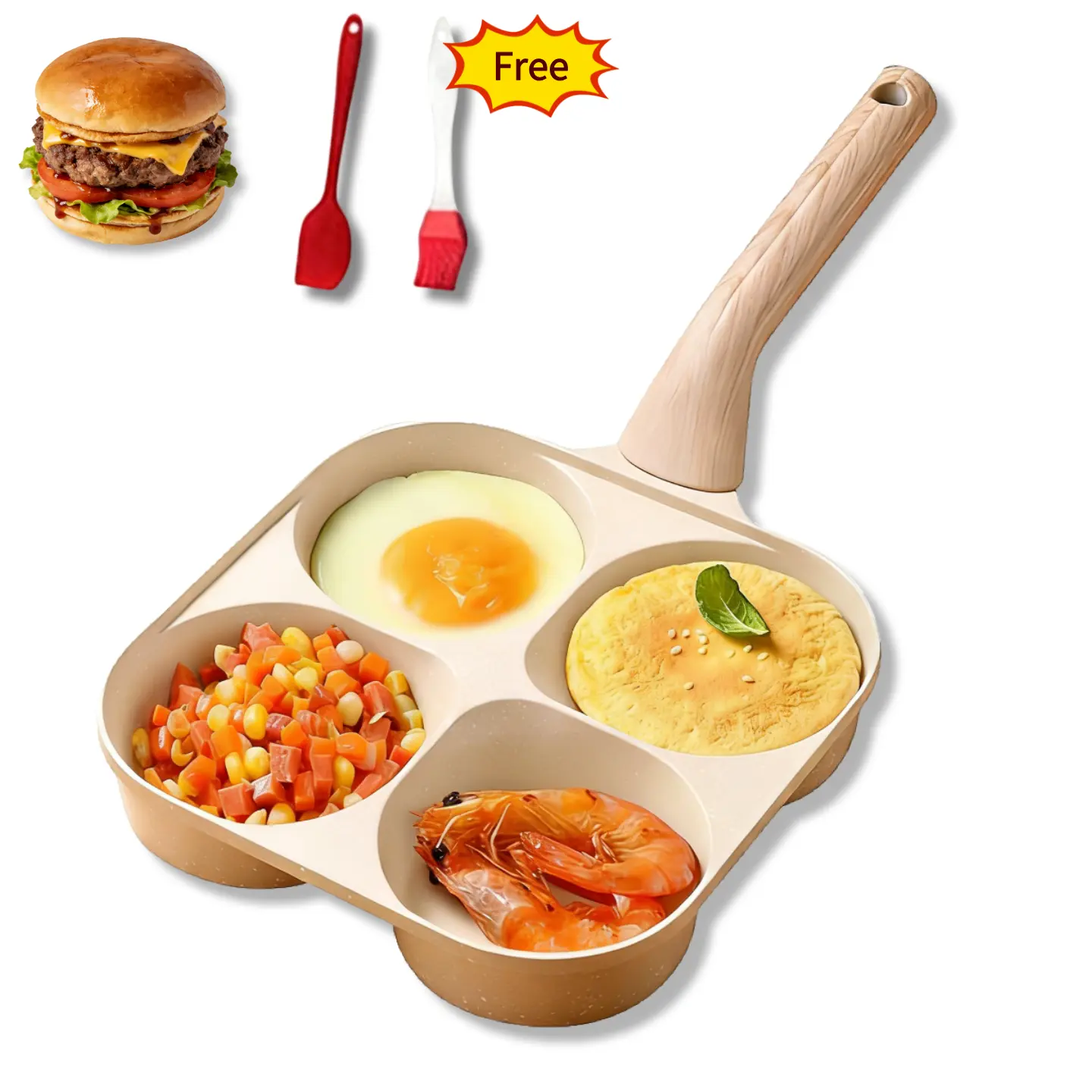 Non-Stick 4-in-1 Breakfast Pan for Frying Eggs, Hamburgers & Scrambled Eggs - Multi-Functional, Fast Heating, Durable, Easy Clean, Space-Saving, Eco-Friendly, with Silicone Strips & Tempered Glass Lid Cookware