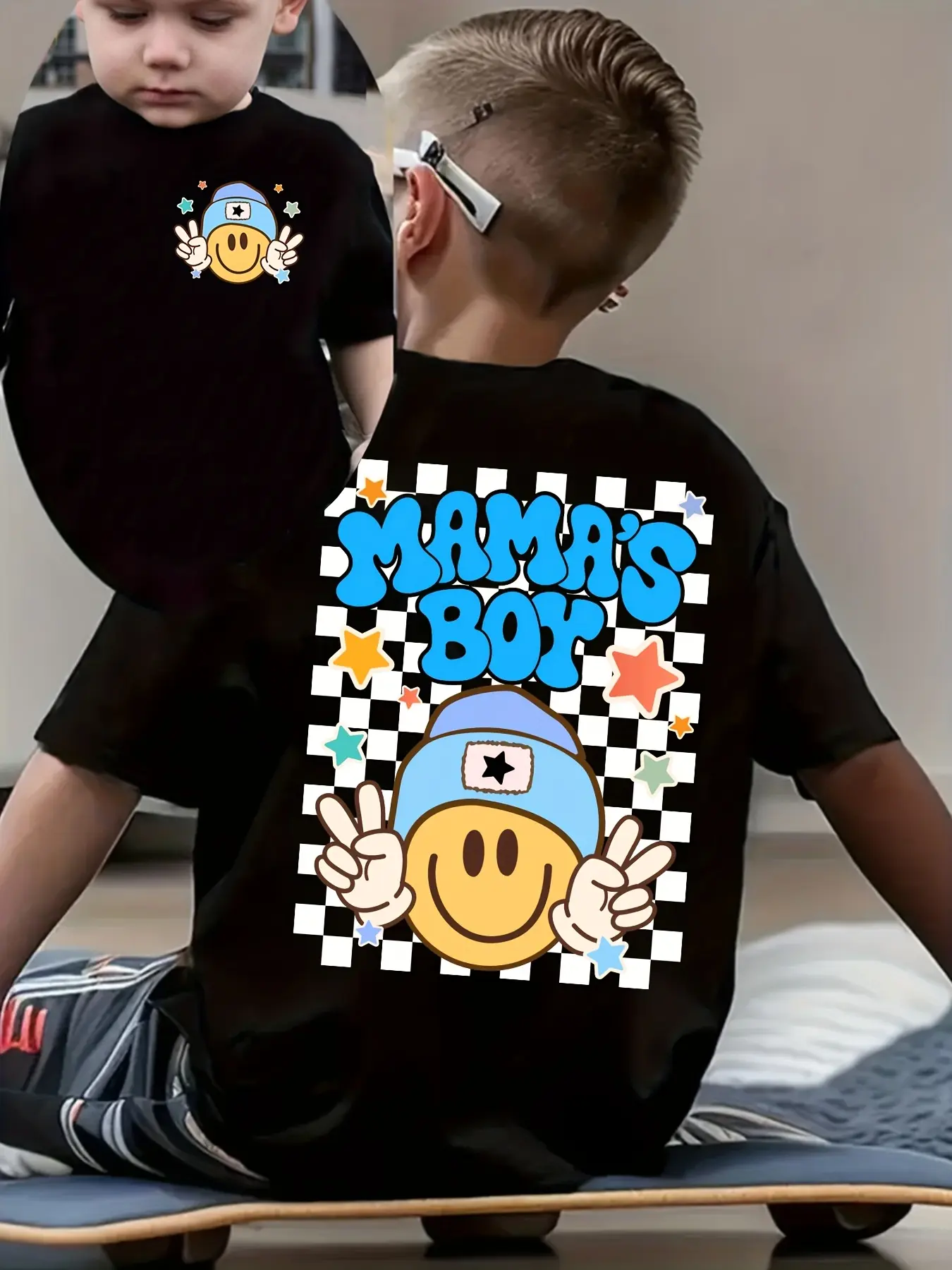 "Mama's Boy" Smiley Face Toddler T-Shirt | Checkerboard Retro Kids Tee | Cute Mother-Son Outfit for Boys Graphic Printed Tees Art Graphic Tee