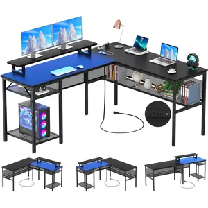Homieasy L Shaped Computer Desk with Magic Power Outlets and Smart LED Light, Reversible 55 Inch Corner Office Desk with Monitor Stand, Unique Grid Design, Gaming Table with Storage, Black