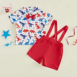 Toddler Baby Boy 2 Piece Set 4th Of July Outfit American Flag Dinosaur Short Sleeve Bowtie Shirts And Suspender Adjustable Suspender Overalls Shorts