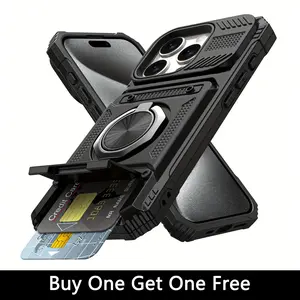 [Buy One Get One Free]4-In-1 Card Holder Case ,with Magnetic Attachment and Adjustable Stand,  for iPhone17 Pro Max 16 Plus 15 14 13 Shockproof Phone Cover,Composite PC Material and Durable Shockproof Rubber Soft TPU , Aluminum Mounting Ring