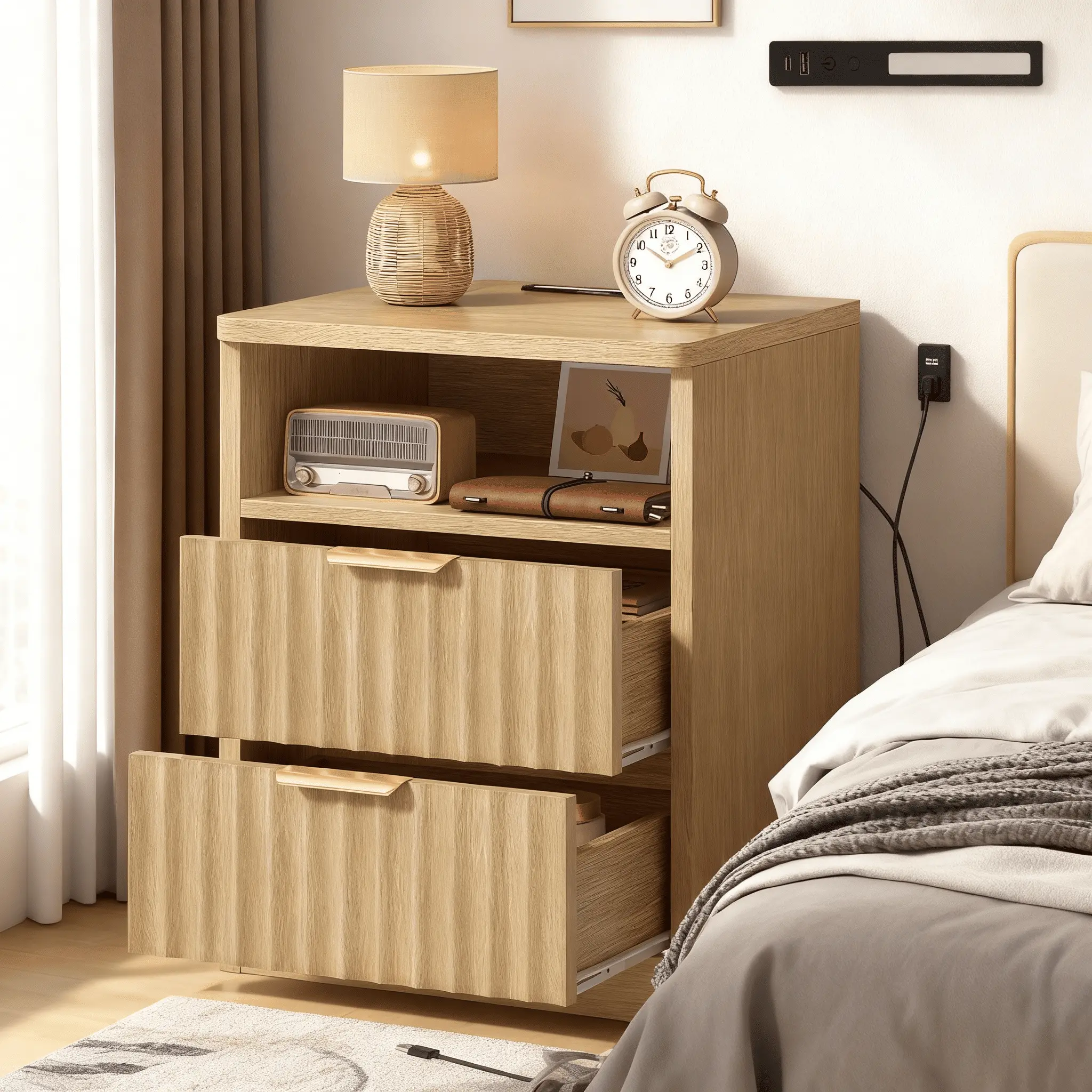 Nightstand with Charging Station, LED Lighting, Fluted Night Stand Set of 2, BedSide Table with Drawer, Solid Wood Feet, Open Storage, End Table for Bedroom,,dorm essentials,home decor campingessentials