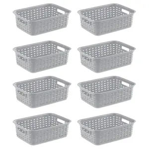 Sterilite 11" Small Weave Open Bin Organize Wicker Storage Basket, Grey, 8 Pack