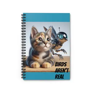 Whimsical Cat & Robot Spiral Notebook - Perfect for Animal Lovers, Writers, Gift Ideas, School Supplies, Birds Aren't Real