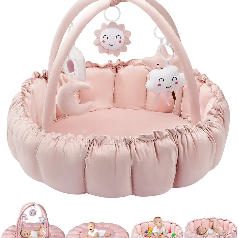 Dearlomum 5-in-1 Convertible Baby Playgym - Activity Mat, Machine Washable Soft Padded Lounger, Infant Interactive Hanging Toys, Ball Pit, Star & Sun Accents for Newborns, Gray/Pink (Baby Entertainment, Indoor Play, Playgyms & Playmats)