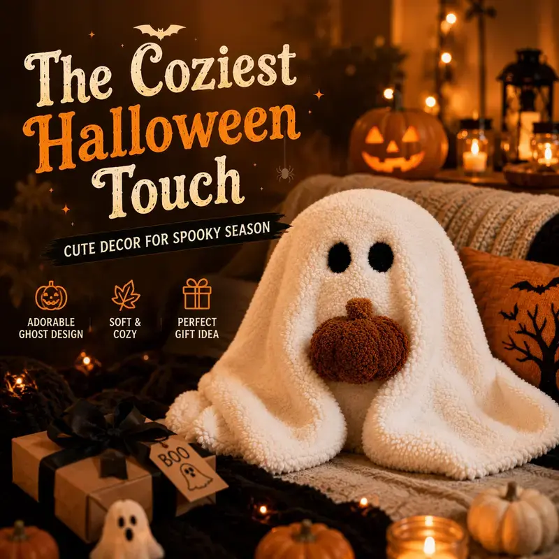 Unisex 11-in Soft Stuffing Halloween Ghost Plush Pillow with Pumpkin, Cute Home Decor Cushion for Couch/Bed, Festive Fall Gift for Kids, Party Supplies & Home Supplies