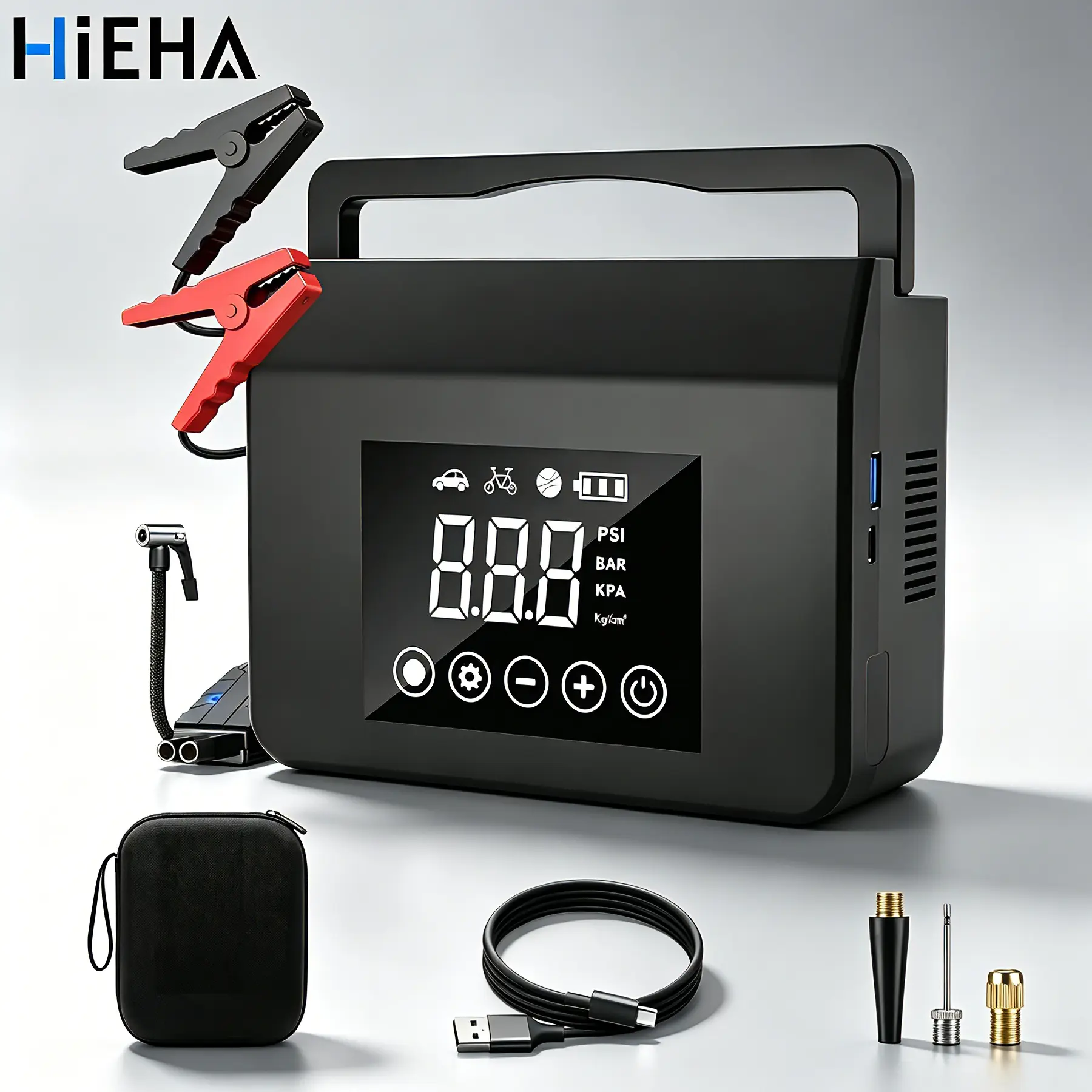 【Hieha】2026 Upgraded Portable Car Jump Starter Car Accessories, 4000A Battery Booster with 150PSI Tire Inflator, 15000mAh Power Bank & LED Emergency Light, 12V Starter for Trucks & SUVs