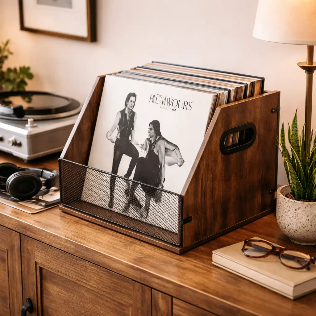 Vintage Vinyl Record Organizer Storage Crate - MDF & Metal Rectangle Box (14.56''x11.61''x11.61''), Slip-Resistant Silicone Accents, 60-LP Rack, 44 lbs Max Load, Durable Space-Saving Home Organizer for Vinyl Lovers, Bedroom Room Accessories (Fits Books)
