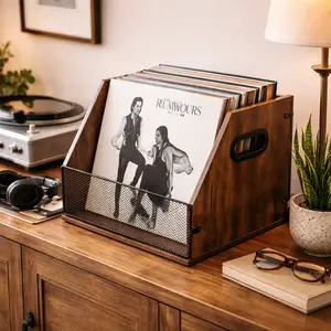 Vinyl Record Storage Crate | Metal & Wooden Box, Holds 60 LPs, Vintage Wood Design, Sturdy Space-Saving Organizer (Stylish Desktop Decor) for Vinyl Lovers, Stores Magazines/File/Book