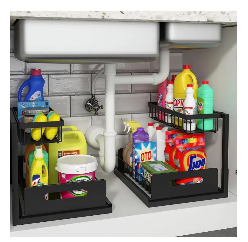 Under Sink Organizer with Sliding Baskets 2-Pack Heavy-Duty Cabinet Storage Rack for Cleaning Supplies & Toiletries Easy Access & Stable Construction