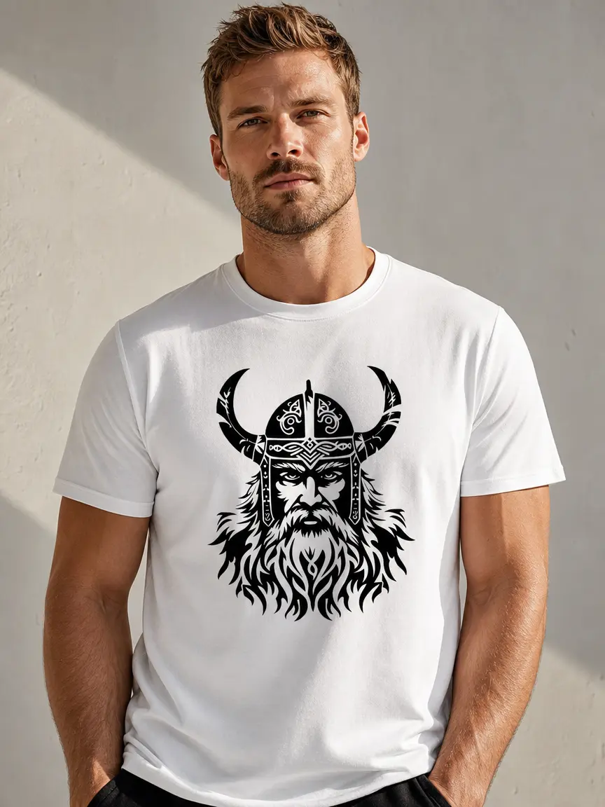 Men's Viking Warrior Graphic T-Shirt, Vintage Norse Design Cotton Casual Tee with a Fitted Cut, Medium Length, Cotton Fabric, Cold Wash, Viking Print