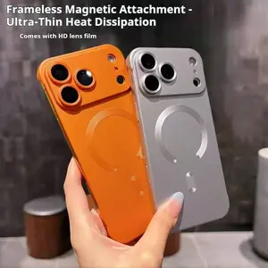 AG Matte Finish Borderless Magnetic Ultra-Thin Phone Case for IP17 Pro Max IP16/15/14/13 Pro Max with Built-in Lens Protector Film Metallic Paint Starlight Orange Protection pocket-friendly Shockproof Protective Smartphone Casing