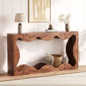 Farmhouse Scalloped Console Table - 63-Inch Narrow Sofa Table with Storage Shelf - Rustic Wooden Hallway Accent for Entryway and Living Room