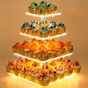 4 Tier Cupcake Stand Acrylic Tower Display with LED Light Premium Holder Dessert Tree Tower for Birthday Candy Bar Decor Weddings, Parties Events (Yellow Light)