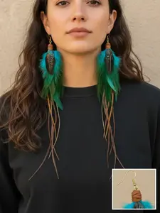 The Colorado 12– Turquoise Brown Feather Earrings 12 Inch | Long Statement Feather Earrings | Western Boho Earrings