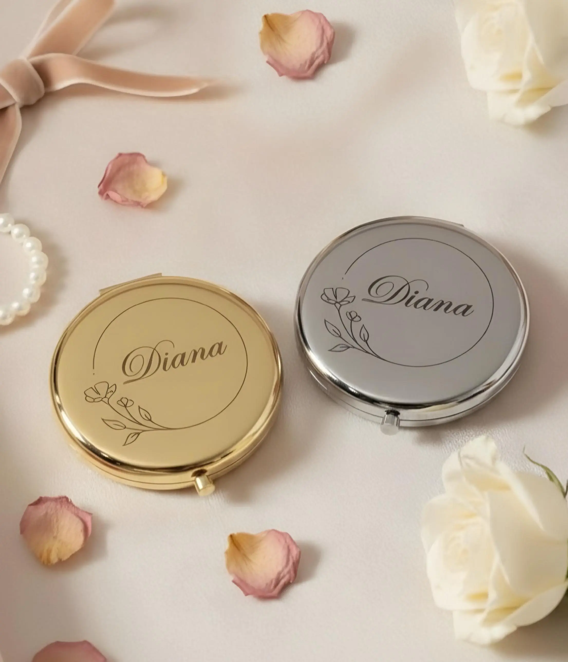Dainty Engraved Floral Motif Compact Mirror - Double-Sided Metal Round Purse Accessory, 1x/2x Magnification, Secure Snap, Carry Anywhere Travel Makeup Essential