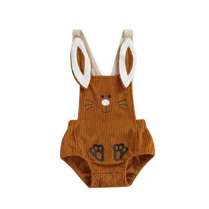 Baby Boy Girl Easter Jumpsuit Clothes 3M 6M 9M 12M Sleeveless Romper Cartoon Rabbit Button Closure Corduroy Bodysuit