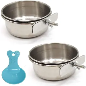 2PCS Bird Feeding Dish Cups with Spoon, Parrot Food Bowl Clamp Holder - Stainless Steel Coop Cup, Bird Cage Water Bowl for Parakeet African Greys Conure Cockatiels Lovebird Budgie Chinchilla - Home Improvement.