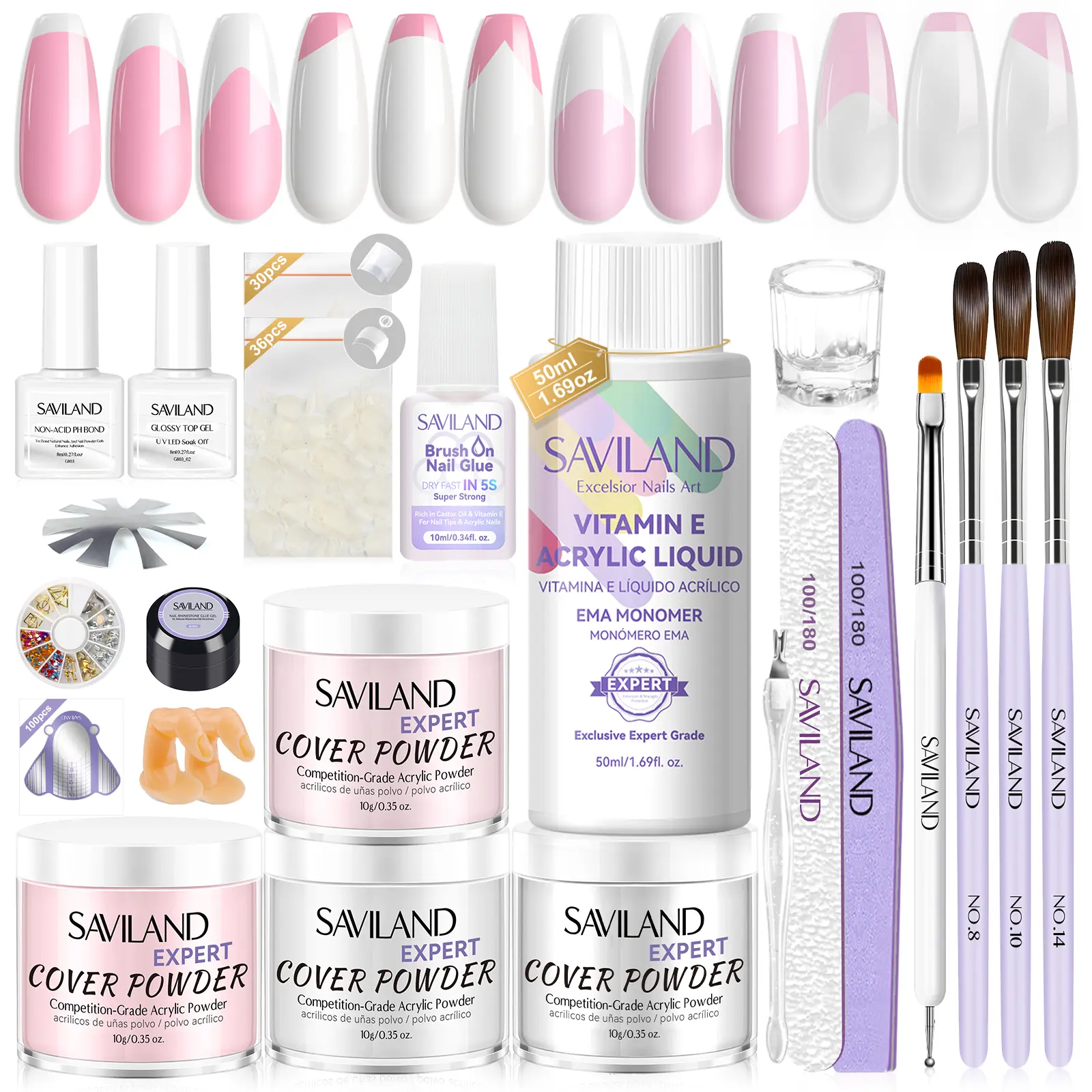 Saviland Acrylic Nail Kit: Beginner French Nail Kit Acrylic Set Easy to Use Acrylic Powder and Liquid Set with Half Cover Nail Tips Acrylic Nail Brushes Nail Tools for DIY French Manucure Kit