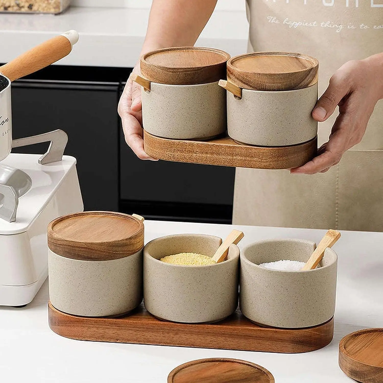 2 Piece Set Spice Jars, Mini Seasoning Storage Rack, Kitchen Condiment Containers, Ceramic Salt Keeper, Covered Sugar Bowl, Mini Spoon, Seasoning Organizer, Home Kitchenware