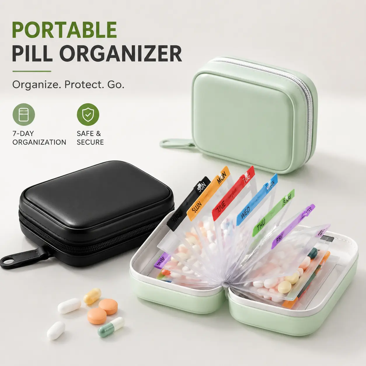 Waterproof Pill Pouch Set, Large Weekly Pill Organizer with 14 Color-Coded Medicine Pouches, Reusable Travel Medicine Organizer, Zippered Pill Storage for Fish Oils, Vitamins