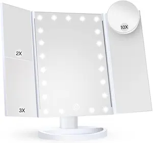 Lighted Makeup Mirror with 2X 3X 10X Magnification – Trifold Vanity Mirror with Touch Control, Dual Power, LED Portable Mirror, Gift for Women (White)