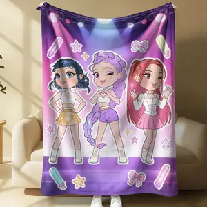 K-Pop Q Version Girl Group Print Flannel Blanket, Stage Style Girls Office Nap Throw Travel Camping Cover Blanket, Comfortable Soft Thick Sofa Bed Tail Decorative Blanket, All Seasons Fan Gift