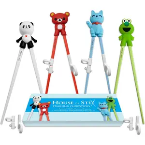 Kids Training Chopsticks for Toddlers, Kids and Adults with 4 Pairs of Removable Finger Helpers, Animal Design, BPA-Free, Dishwasher-Safe (Animals 4-Pack)