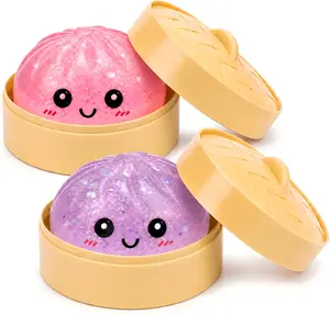 KIDGENIUS  Dumpling Squishies - Clear Glitter, Slow Rising Bao Bun, Soft Squishy Fidget Toy - Silent, Cute Desk Stress Relief, Birthday Gift for Kids Summer Party Favor