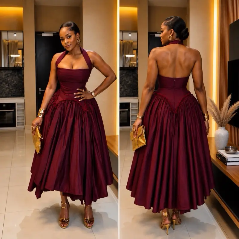 Women's Formal Burgundy Halter Midi Dress Skirt Piece - Cotton-Look Fabric, Sleeveless, Structured Bodice, Fitted Waist, Hidden Zipper, Elegant Open-Back, Seamless Lady Wear for Wedding Guests, Cocktail Parties, Party, Wedding Guest Dresses