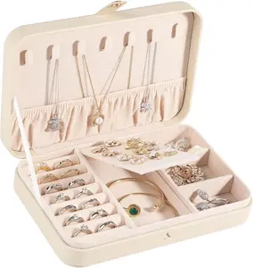 Small  Box for Women Girls, PU Leather Travel  Case, Portable  Organizer Storage Holder Display for Ring Earrings Necklace Bracelet Bangle Men  , Apricot