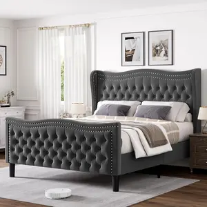 King Bed Frame with Tall Headboard & Footboard, Velvet Upholstered Platform Bed Frame with Deep Button Tufted Wingback, No Box Spring Needed, Noise Free, Grey