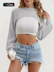 Women's Casual Basic Fitted Shrug Sweater, Half High Neck Long Sleeve Crop Top, Sexy Knit Pullover for All Seasons, Moderate Fabric Thickness, Knitwear, Womenswear, Knitting