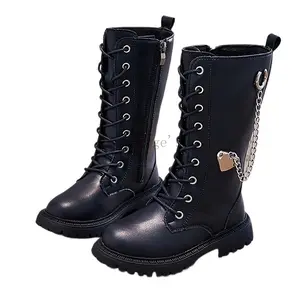 [British Girls' Boots] Black Diamond Pattern Girls' High Boots |       Stylish British-Inspired, Side Zipper & Chain Decor, Rubber Sole |       Sizes 10.5-5, Perfect for Fall/Winter Princess Look