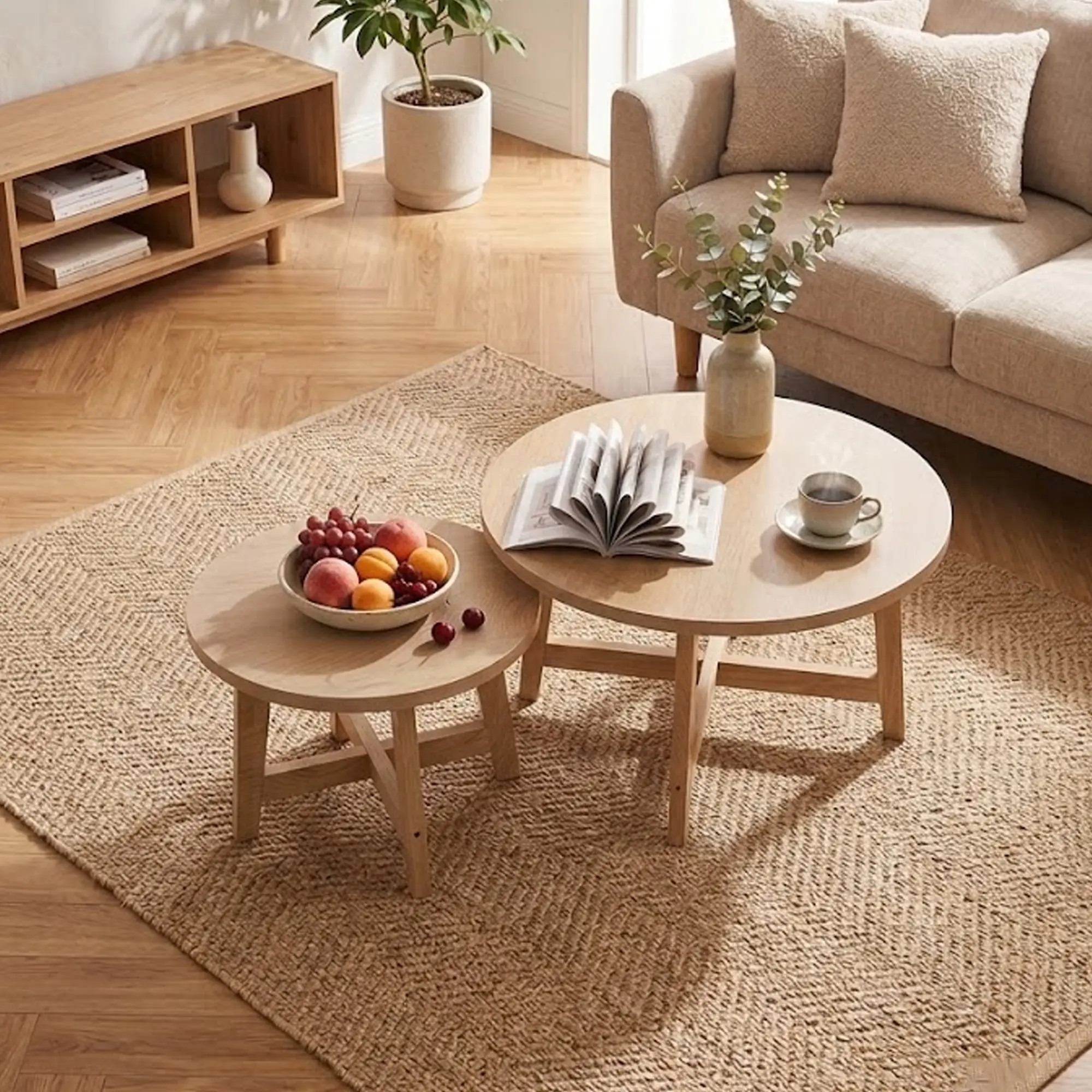 Natural Set of 2 Round Nesting Coffee Tables, Stackable Side Tables with X-Shaped Frame, Space-Saving Accent Tables for Living Room, Bedroom & Balcony