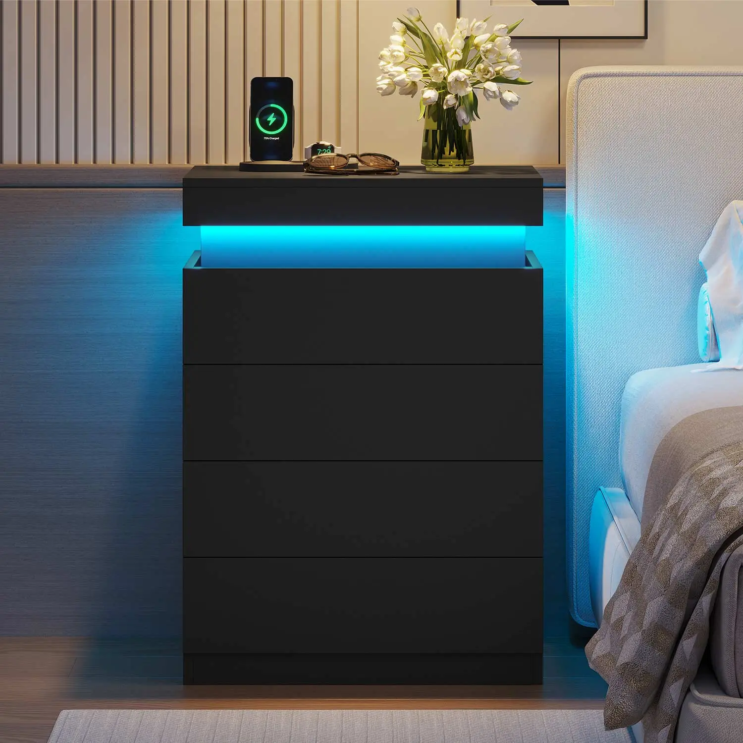 SIKAIC 31.1 in Tall Bedroom Furniture Nightstand - Black Large Side Tables with Glide Top, 4 Drawers, Charging Station, USB Charger, High-Speed USB Ports, Power Outlets, Assembly Required