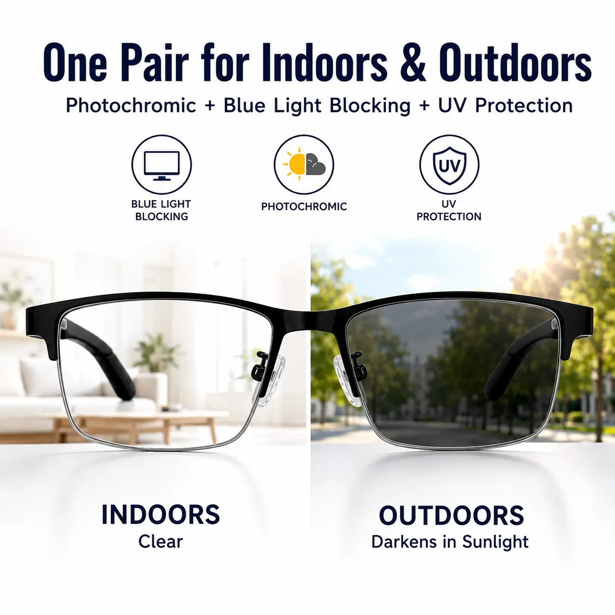 Photochromic Progressive Multifocal Reading Glasses – 2-in-1 Blue Light Blocking, HD Clear Lightweight Readers for Near, Mid & Far Vision