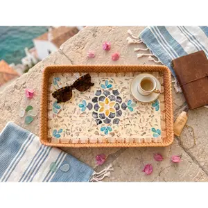 Sturdy Handmade Rattan & Shell Mosaic Decorative Serving Tray - Coastal Boho Coffee Tray with Mother of Pearl Inlay, Ideal for Plate Display and Serving (Kitchenware Tableware Accessory)