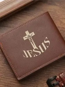 Men's Leather Wallet with Cross Jesus Print, Christian Faith Theme, Vintage PU Leather, Multi-Card Slots, Durable Gift