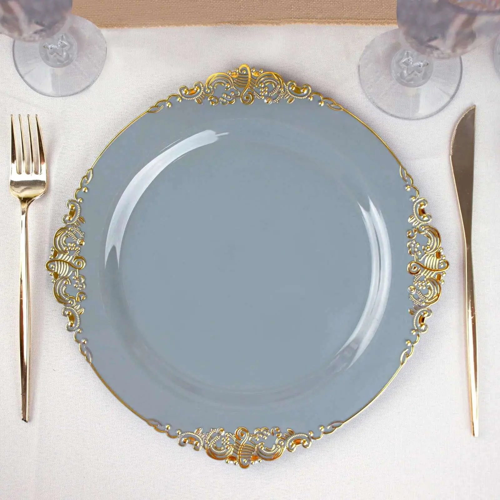 Disposable Tableware, 10-Pack 10 inches Elegant Plastic Round Dinner Plates - Dusty Blue with Gold Leaf Embossed Rim, Vintage Baroque Style for Wedding