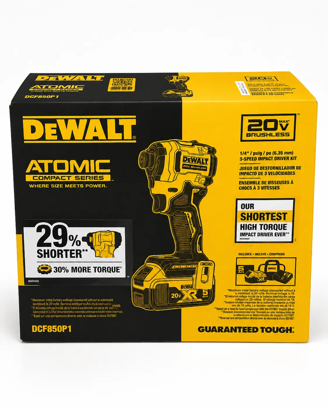DEWALT DCF850P1 20V MAX XR Brushless Atomic 1/4” 3-Speed Impact Driver Kit – 5Ah Battery & Charger Included | 100% Genuine