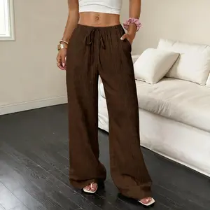 Multi Functional Spring Summer Women's Casual Solid Color Textured Fabric Knotted Waist Slanted Pocket Wide Leg Underwear Pants 95% Polyester 5% Elastane