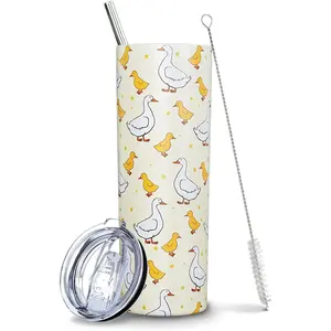 20 Oz Stainless Steel Double-Wall Insulated Thermal Duck Tumbler - Cute Skinny Portable Drinkware with Straw and Lid, Kawaii Kitchenware Vacuum Flask, Coffee Water Bottle, Beverage Container, Women's Birthday Gift