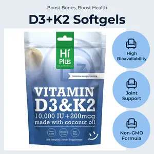 HiPlus Dietary Vitamin D3 10,000 IU + K2 (MK-7) 200 mcg Softgels - 300 Virgin Coconut Oil Capsules for Calcium Absorption, Bone & Immune Health