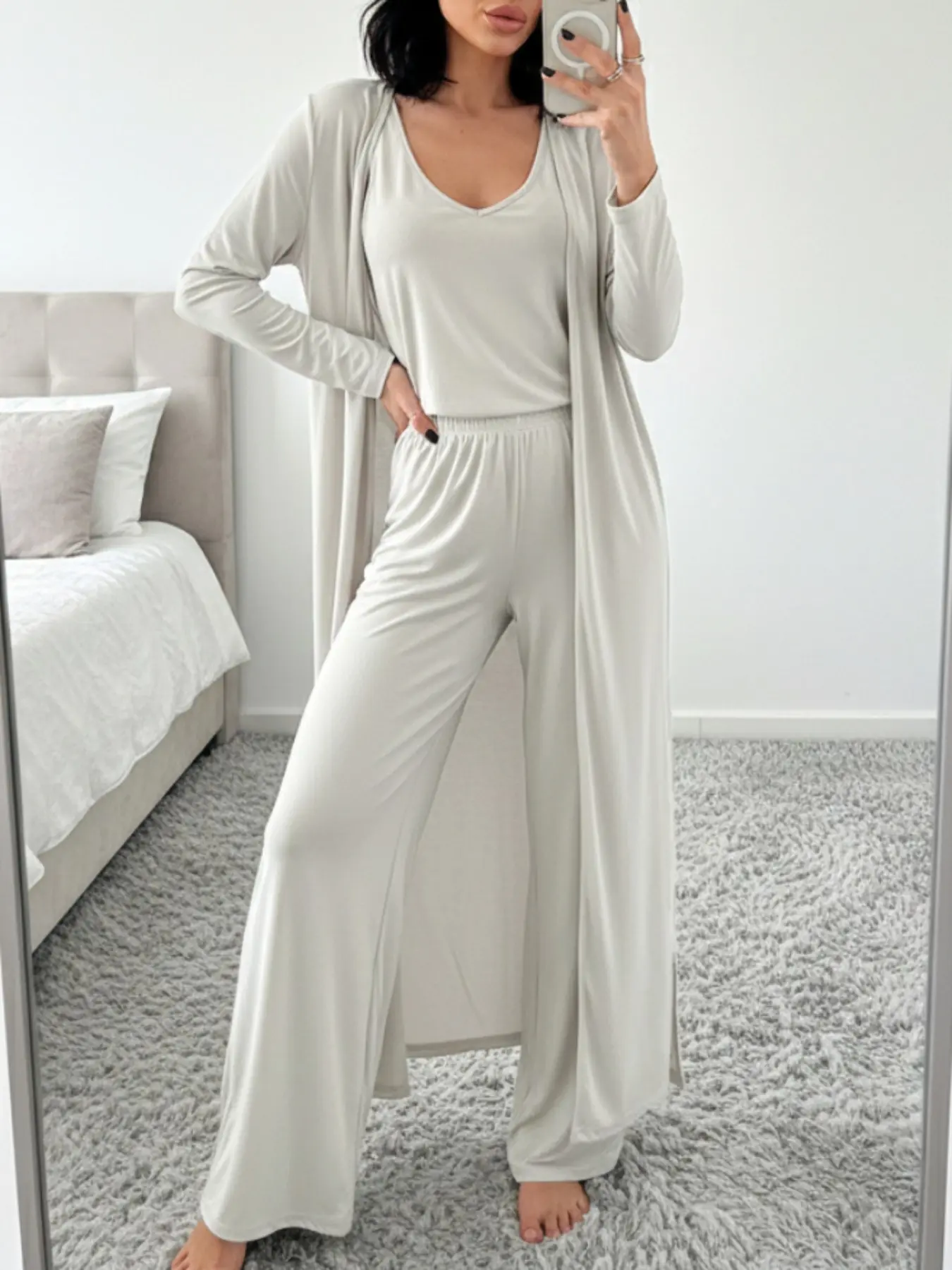 ZANZEA Women's Elastic Plain 3-Piece Outfit - Soft Lounge Sets Casual Open-Front Long-Sleeve Outerwear, Sleeveless Top, Wide-Leg Pants - Womenswear Suits for Daily Wear, Matching Outfits, Solid Loungewear Set